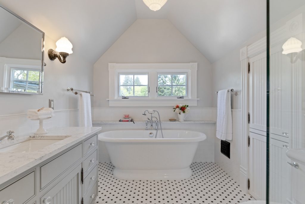 Albany bathroom remodel with custom tile and large soaking tub